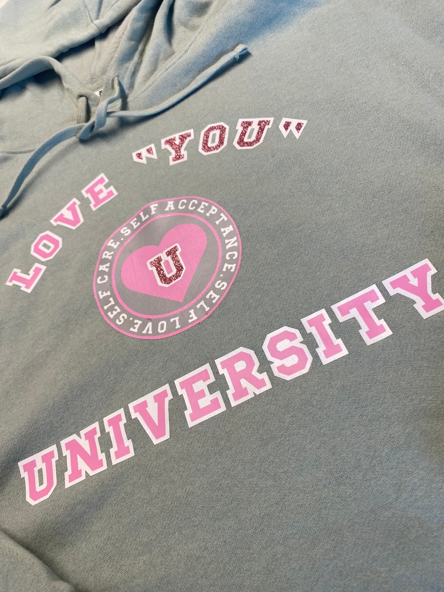 Love "YOU" University Aquamarine Cropped Hoodie